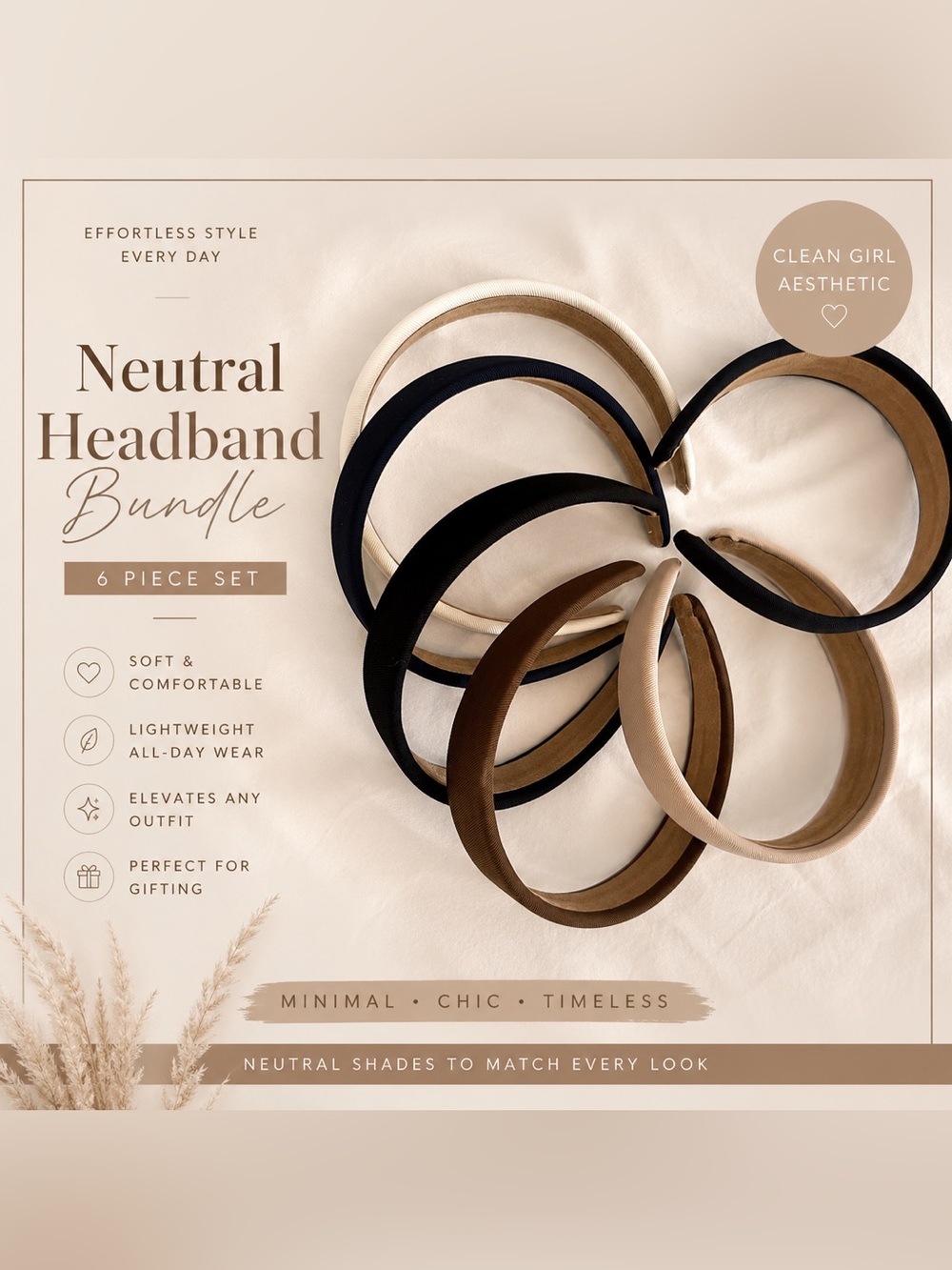 Neutral Padded Headband Set Boho Minimalist Preppy Hair Accessories 6pc NWOT
